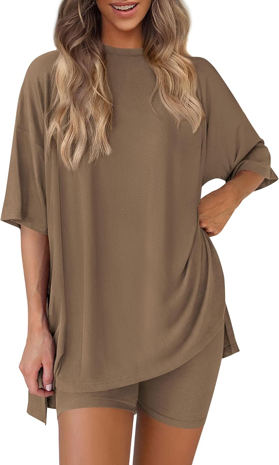 Women's Two Piece Lounge Set Casual Oversized Crewneck Tops and High Waisted Shorts Set