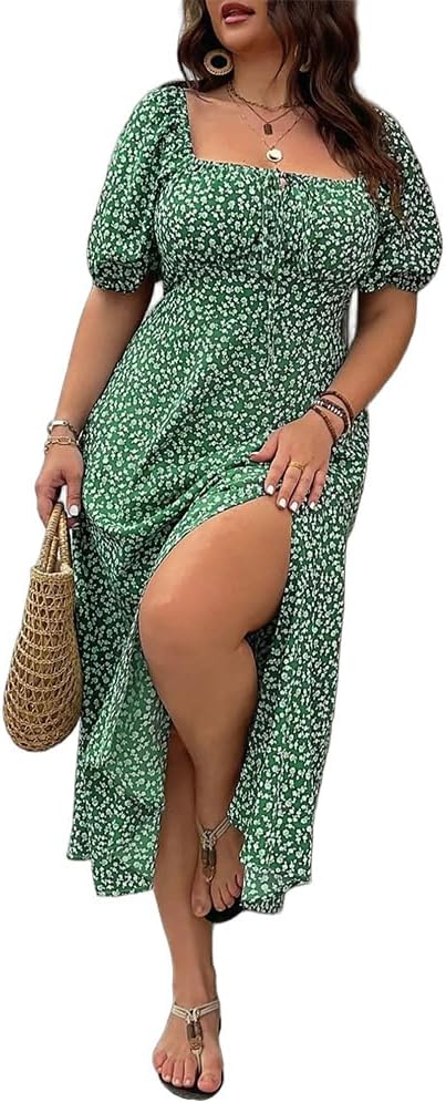 Women Plus Size Dress Puff Sleeve Floral Split A Line Maxi Dress Boho Tie Front Casual Beach Long Dresses