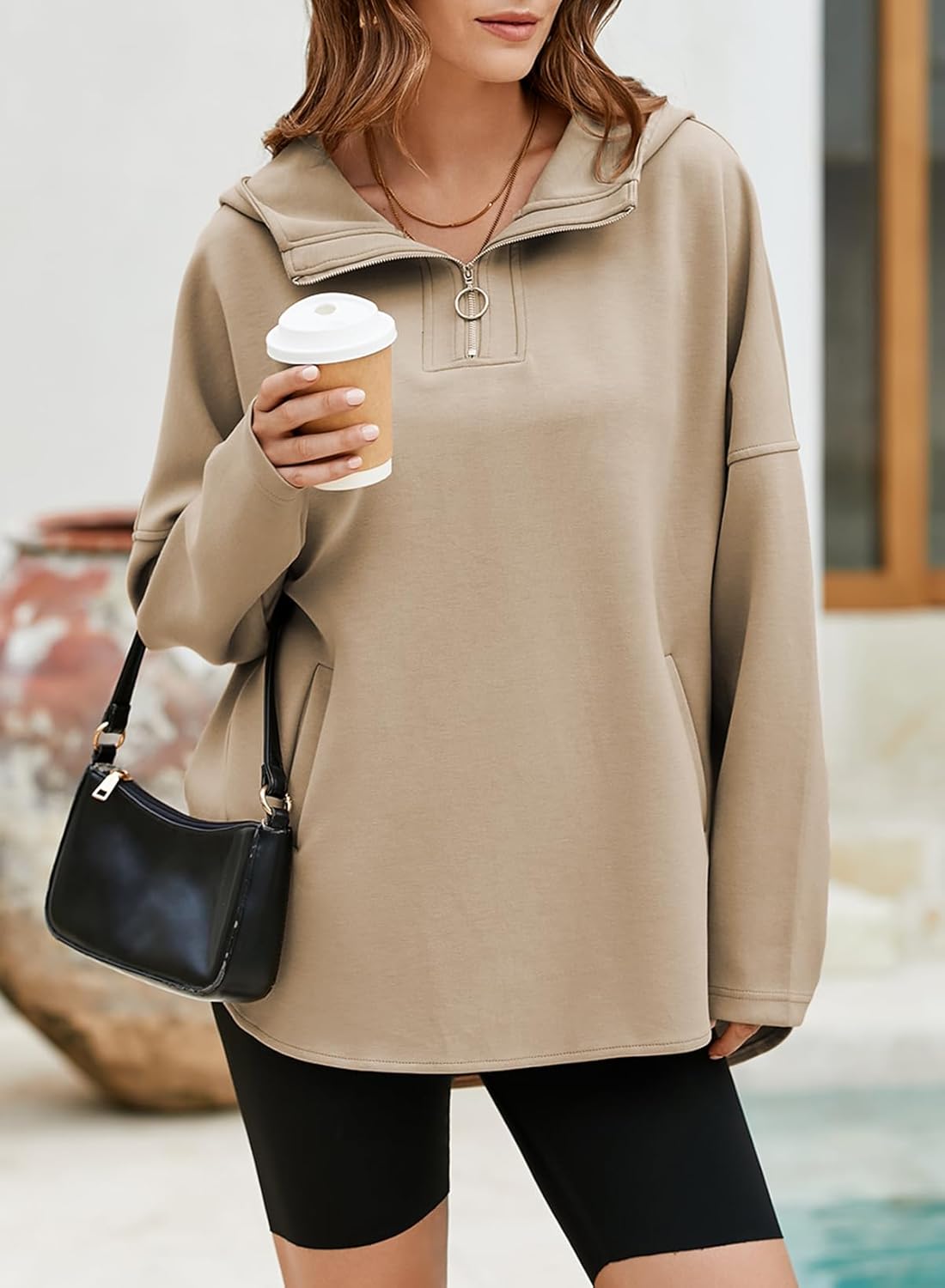 Women's Oversized Hoodies Casual Long Sleeve Half Zipper Pocket Sweatshirt Pullover Tops
