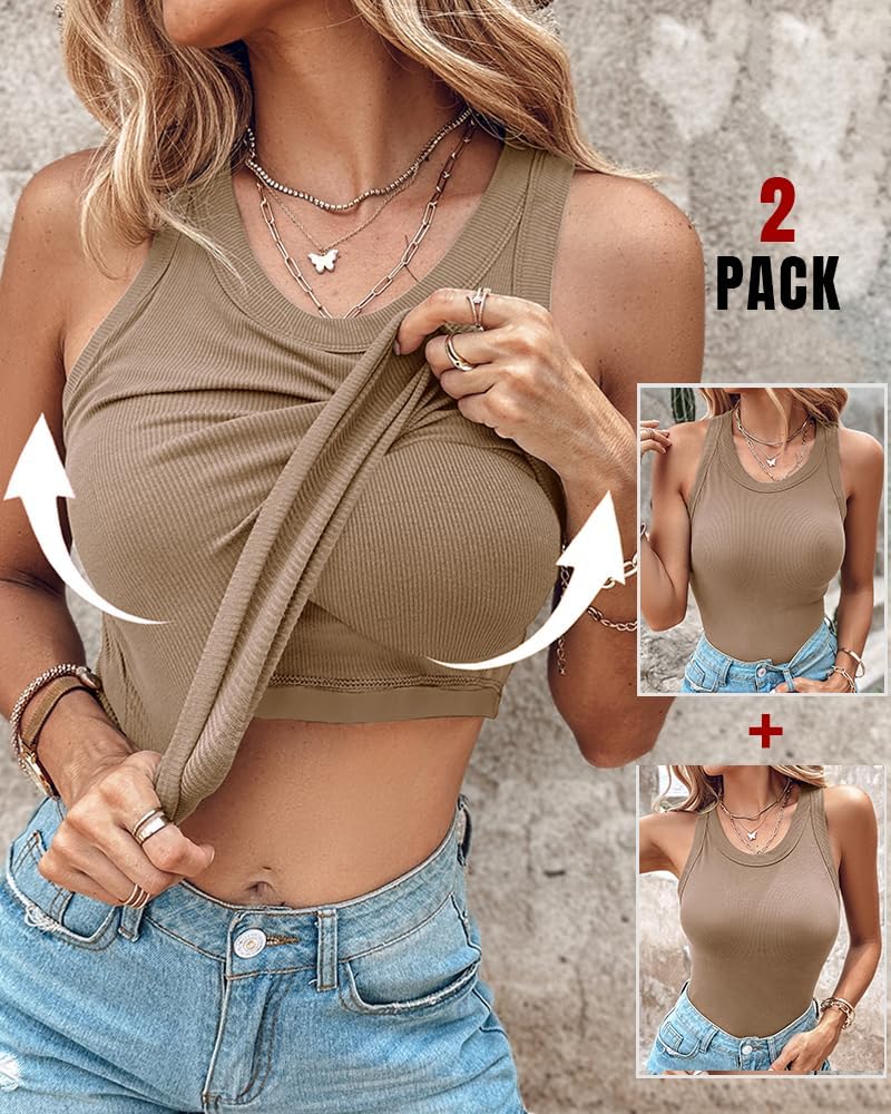 Women Built in Bra Ribbed Tank Tops Sleeveless Casual Tops