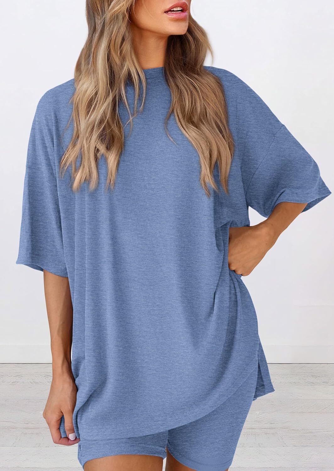 Women's Two Piece Lounge Set Casual Oversized Crewneck Tops and High Waisted Shorts Set