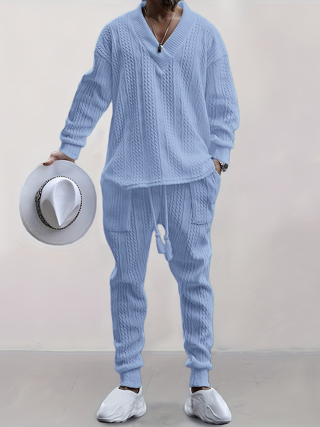 Mens V Neck Sweatshirt Jacquard Tracksuit 2 Piece Men Baggy Sweatsuit Sets Men's Jogging Tracksuit Set Outfit for Men