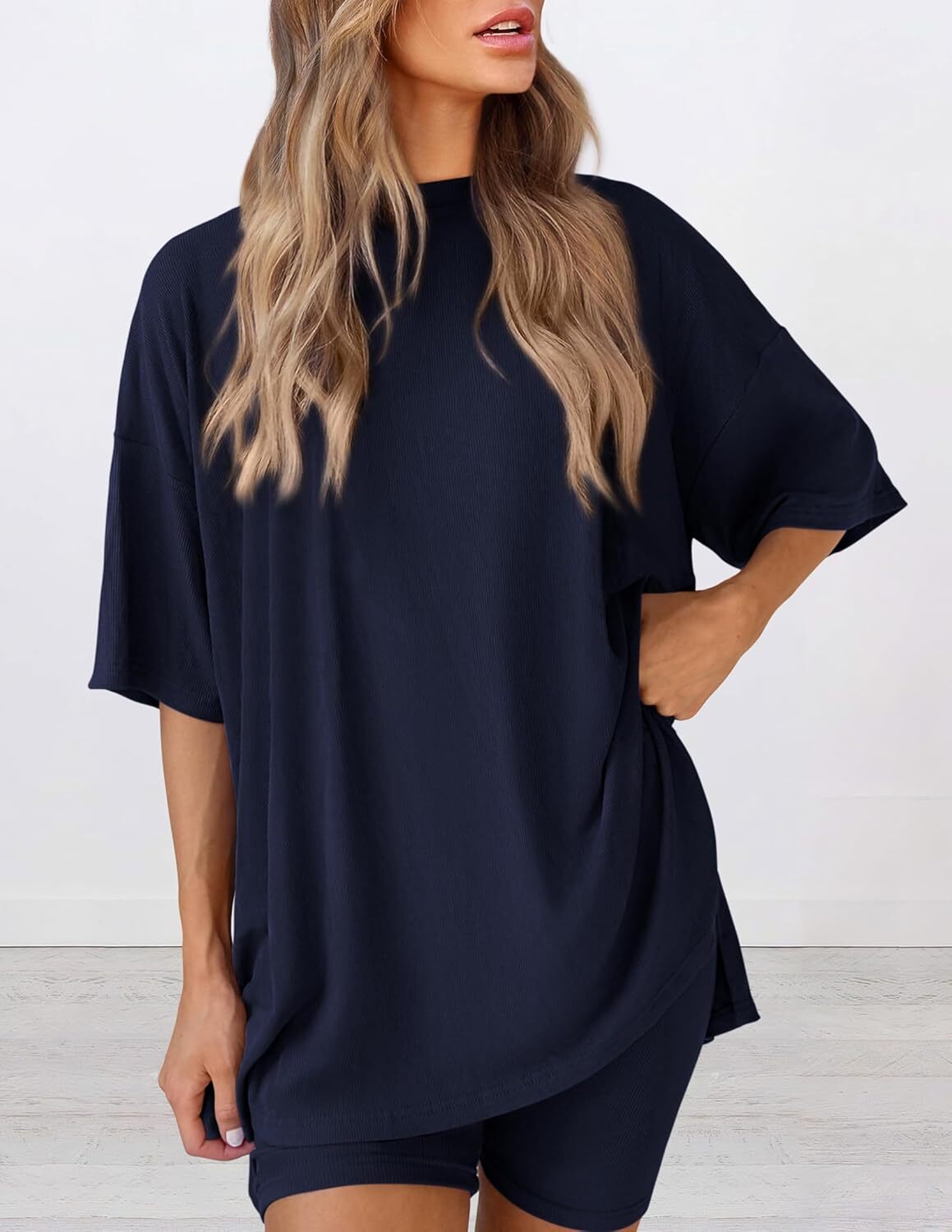 Women's Two Piece Lounge Set Casual Oversized Crewneck Tops and High Waisted Shorts Set