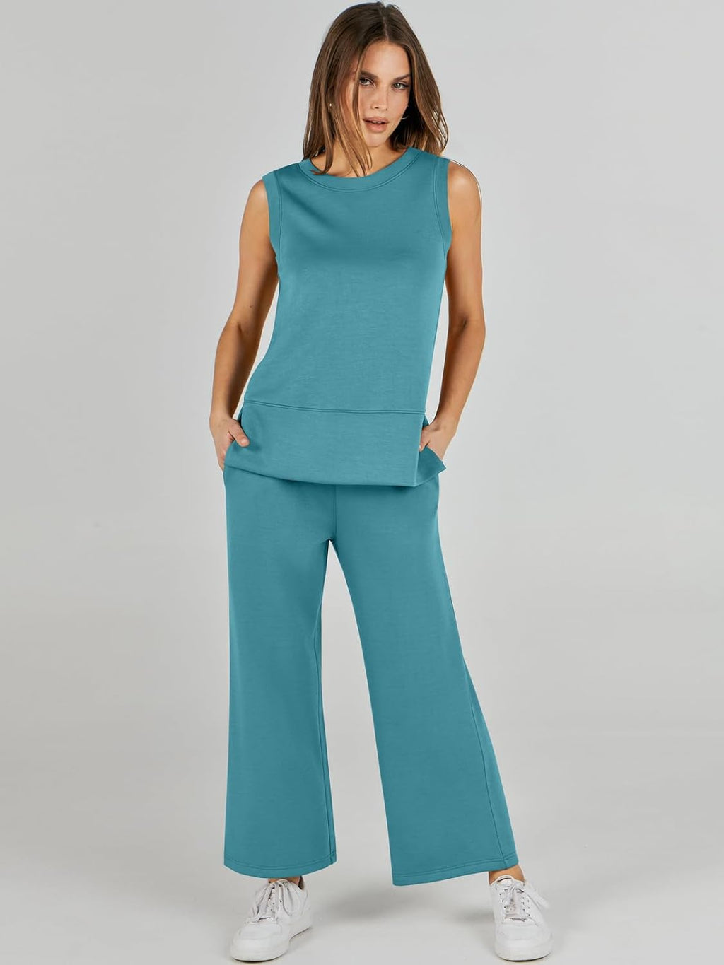 Women's 2 Piece Sets Summer Outfits Sleeveless Wide Leg Tracksuits Casual Sweat Sets Lounge Sweatsuits