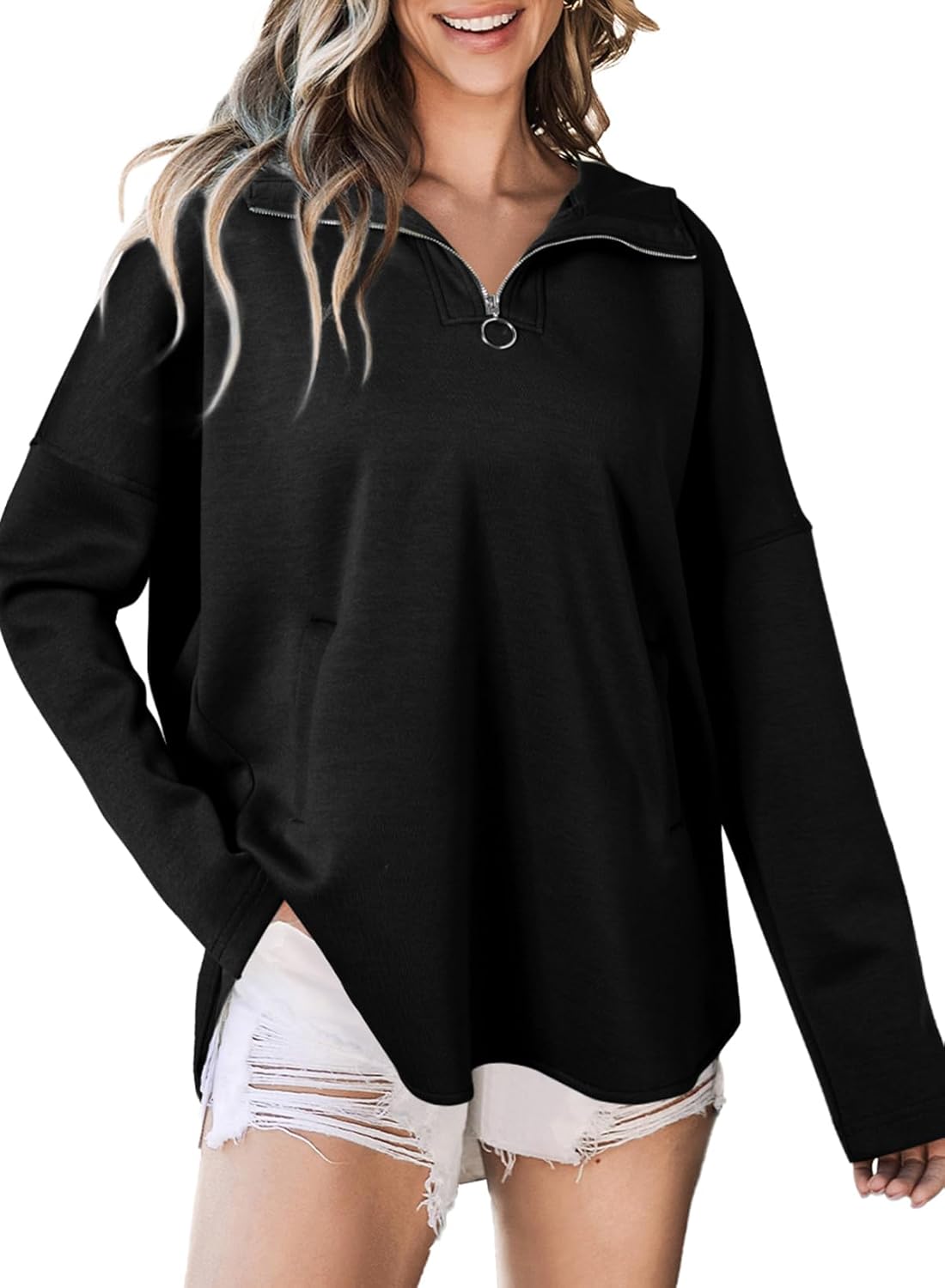 Women's Oversized Hoodies Casual Long Sleeve Half Zipper Pocket Sweatshirt Pullover Tops