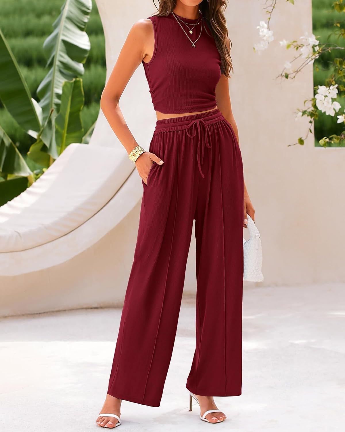 Women Summer 2 Piece Outfits Ribbed Knit Cropped Top Elastic Waist Wide Leg Pants Lounge Set