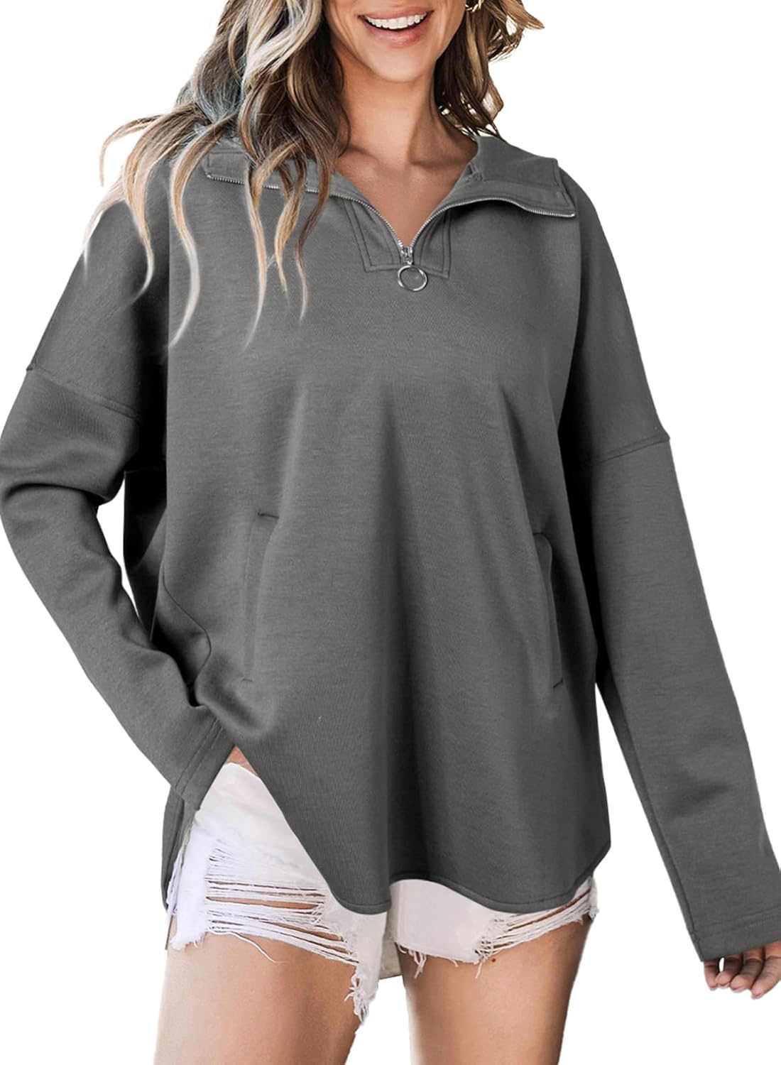 Women's Oversized Hoodies Casual Long Sleeve Half Zipper Pocket Sweatshirt Pullover Tops