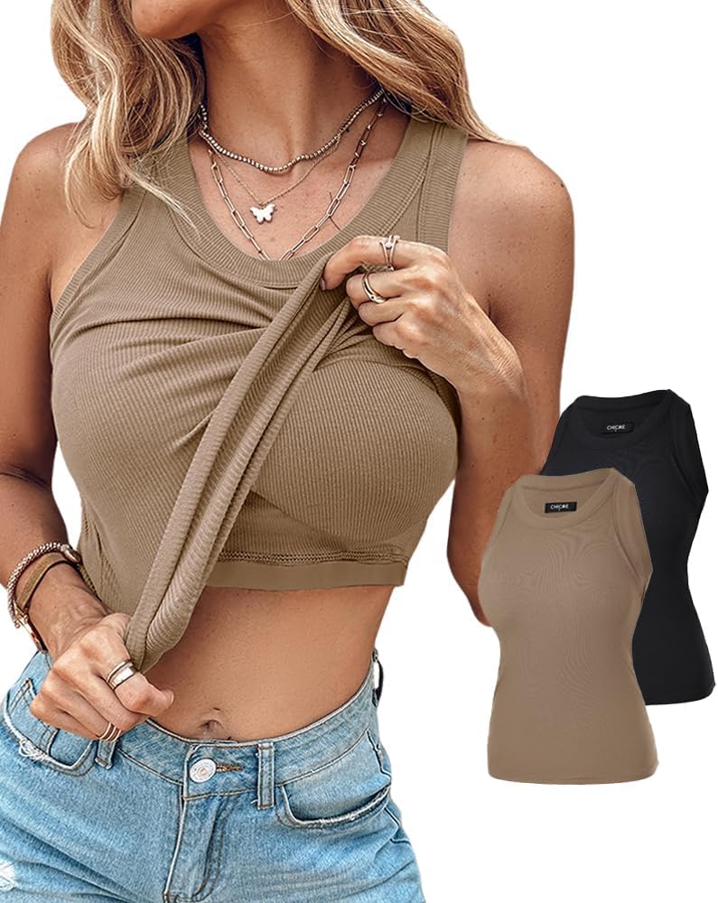 Women Built in Bra Ribbed Tank Tops Sleeveless Casual Tops
