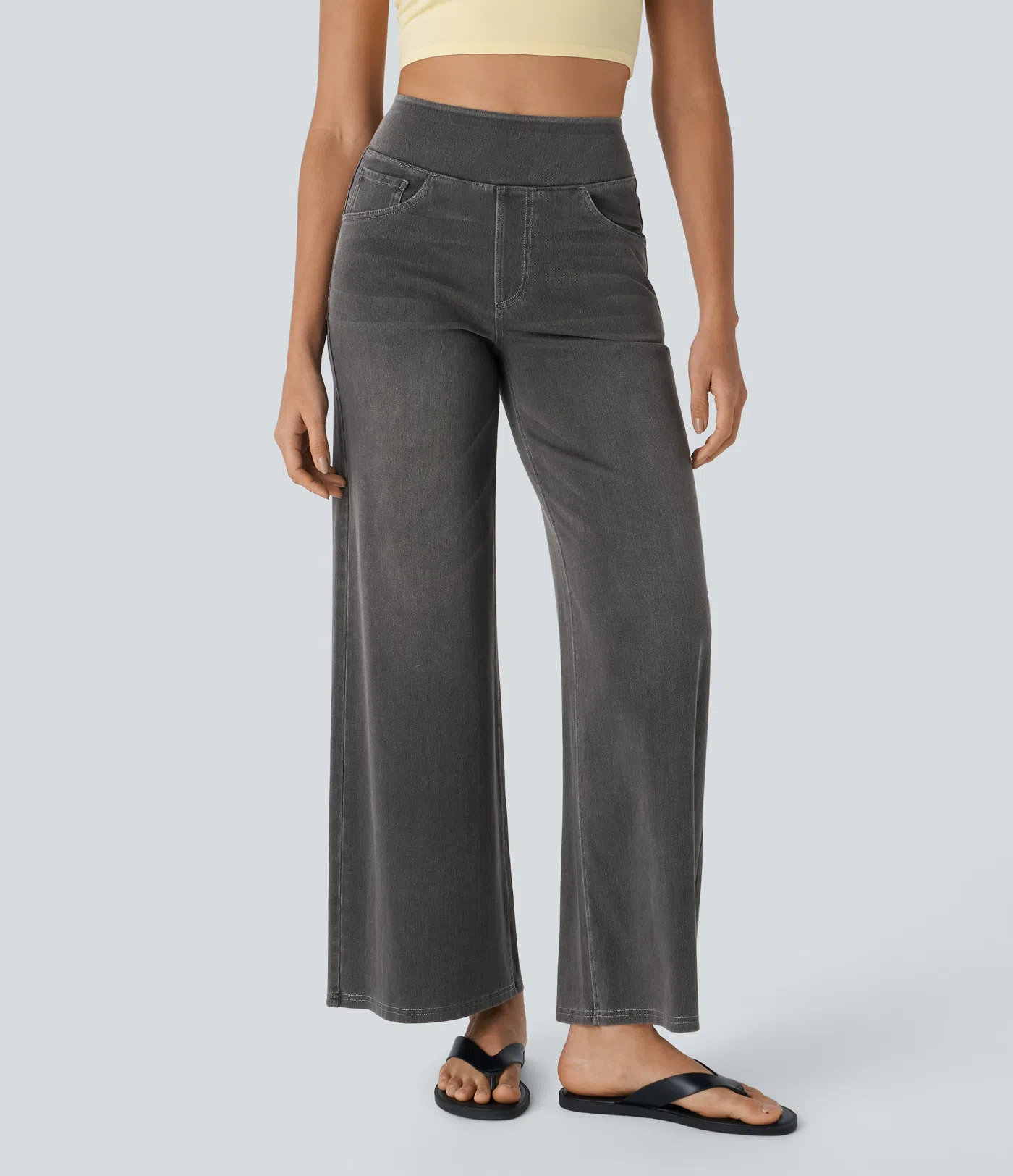 FINAL SALE⚡High Waisted Multiple Pockets Baggy Wide Leg Washed Stretchy Knit Casual Jeans