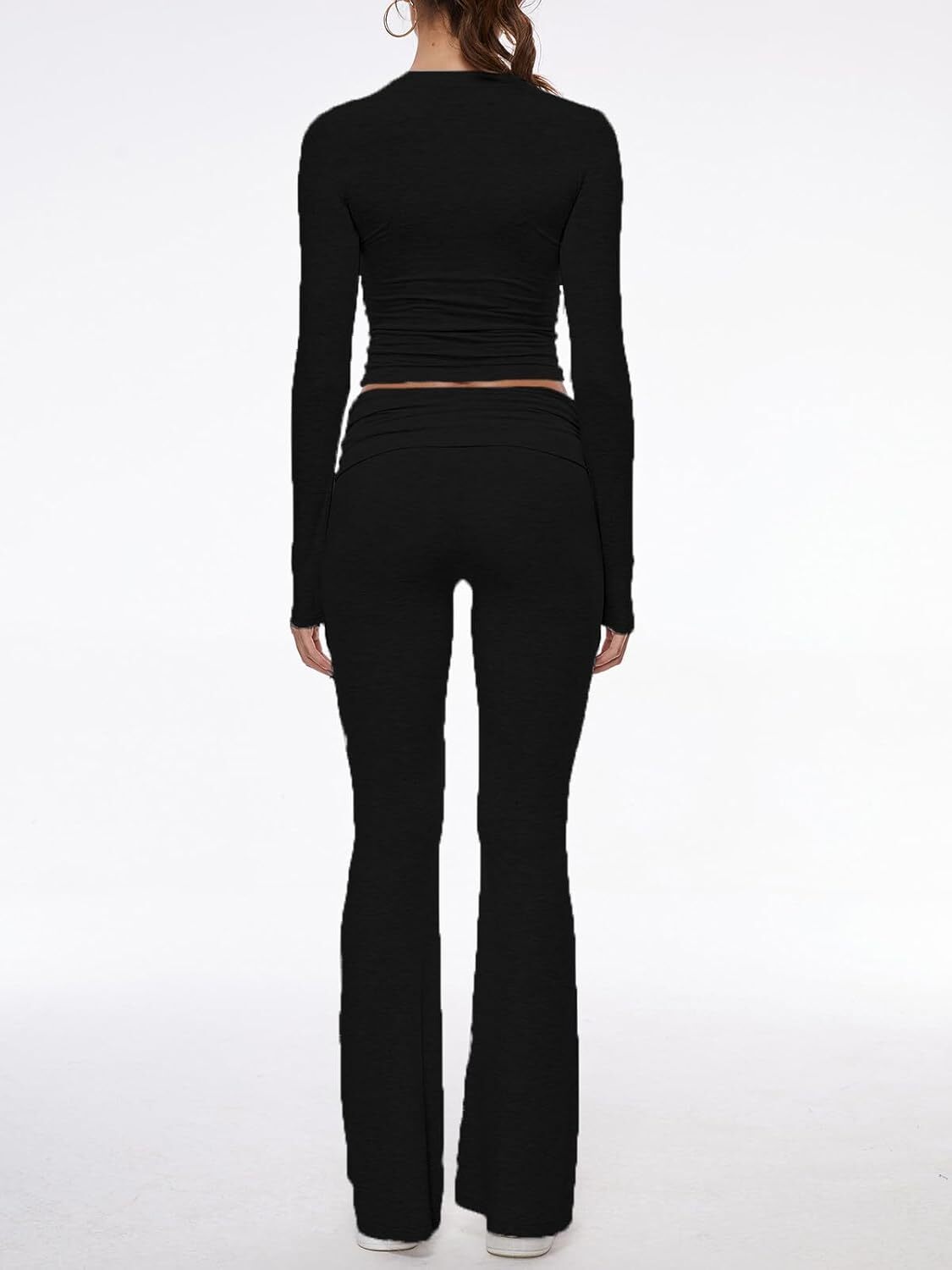 Women's 2 Piece Lounge Sets Fold-over Flare Pants Set Long Sleeve Crop