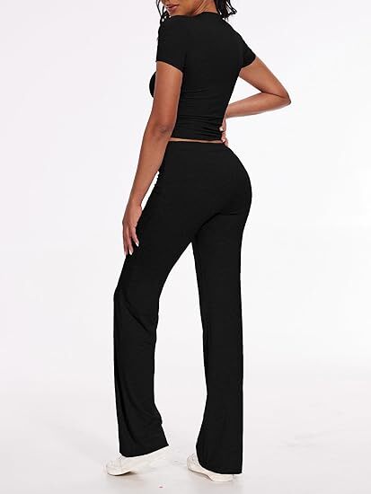 Women's 2 Piece Lounge Sets Fold-over Flare Pants Set Long Sleeve Crop