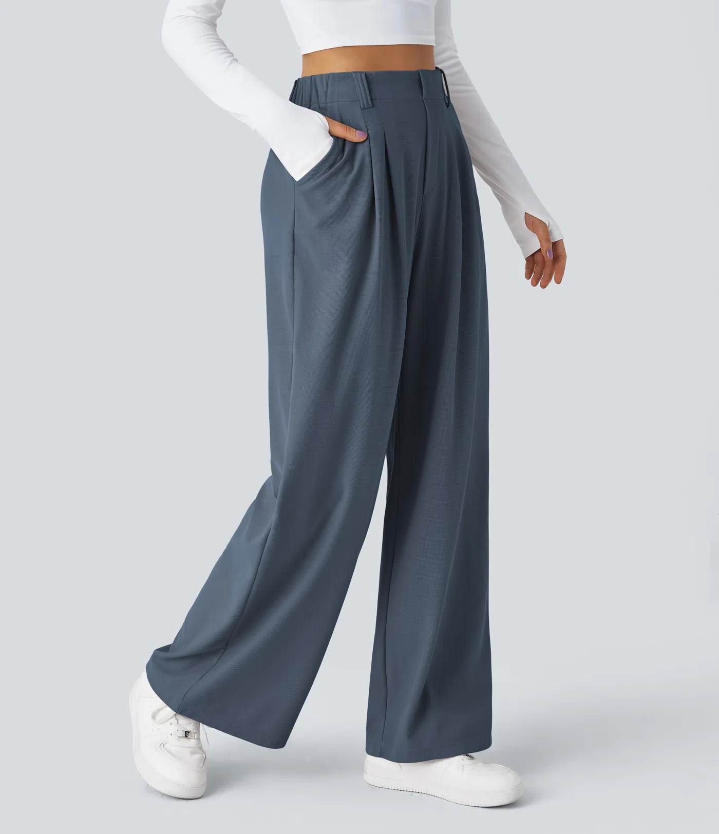 High Waisted Side Pocket Wide Leg Waffle Work Pants