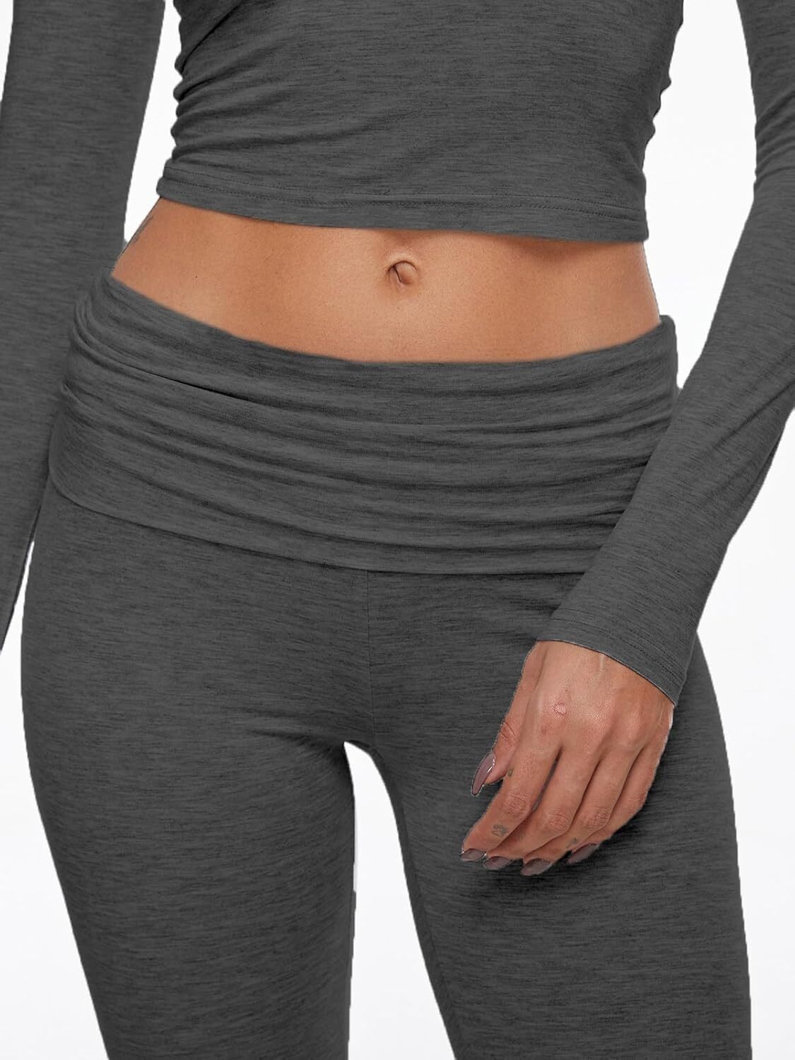 Women's 2 Piece Lounge Sets Fold-over Flare Pants Set Long Sleeve Crop