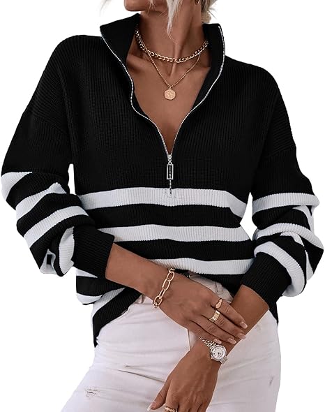 2025 Casual Long Sleeve Zipper Striped Pullover V Neck Ribbed Knitted Autumn and Winter Casual Pullover