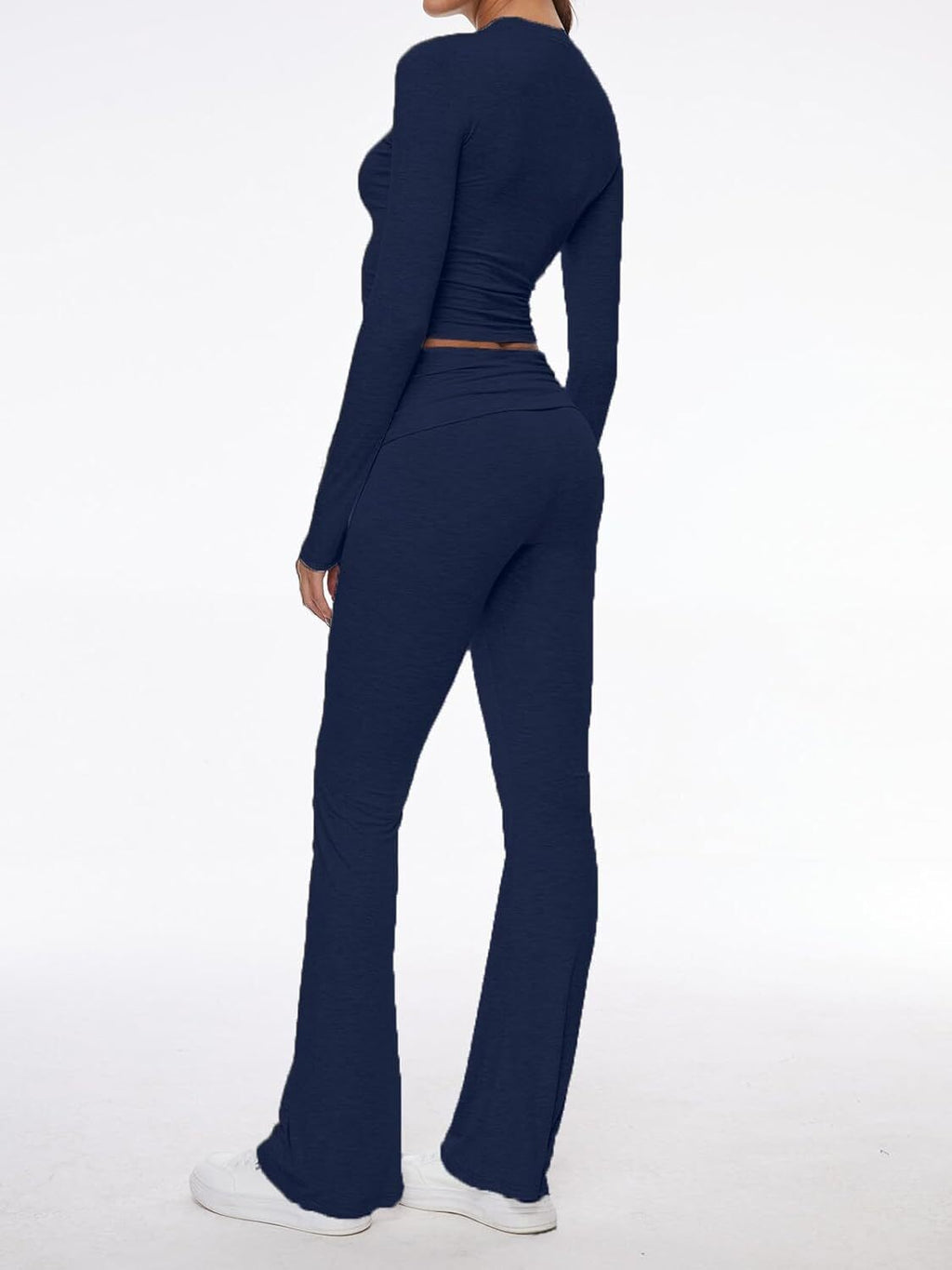 Women's 2 Piece Lounge Sets Fold-over Flare Pants Set Long Sleeve Crop
