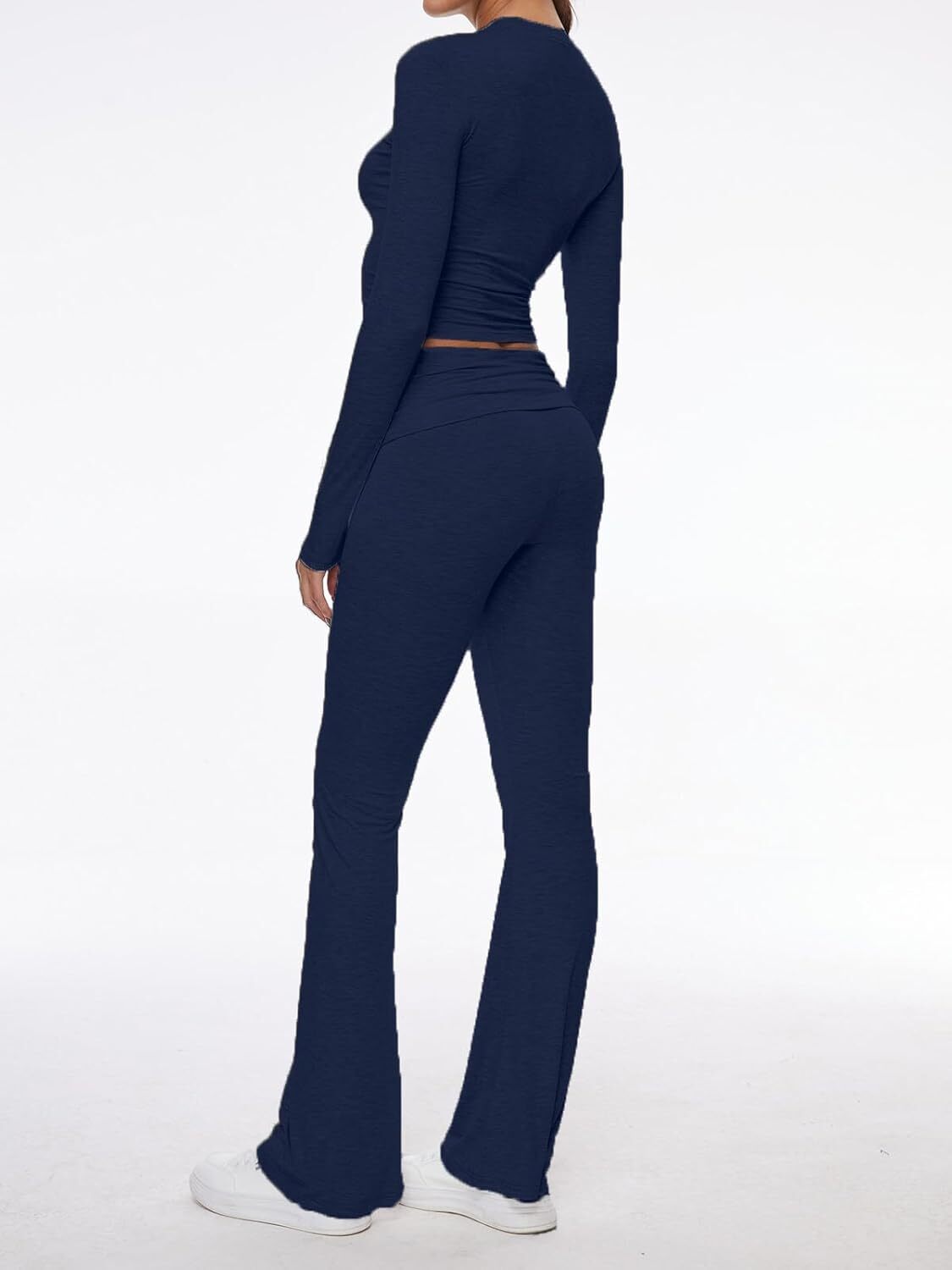 Women's 2 Piece Lounge Sets Fold-over Flare Pants Set Long Sleeve Crop
