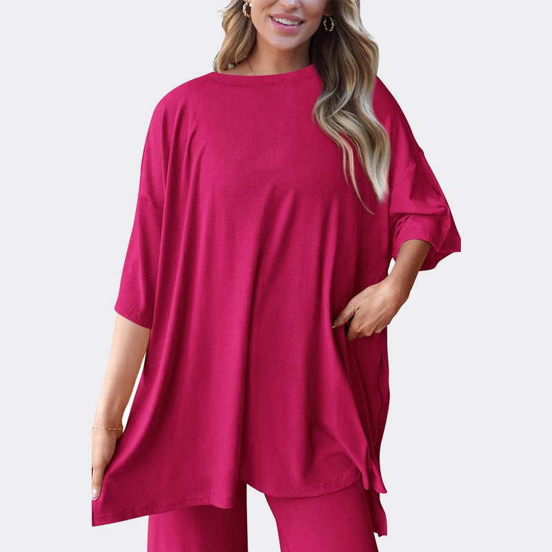 Women's 2 Piece Outfits Casual Short Sleeve Pullover Tops and Wide Leg Pants Lounge Sets Tracksuits