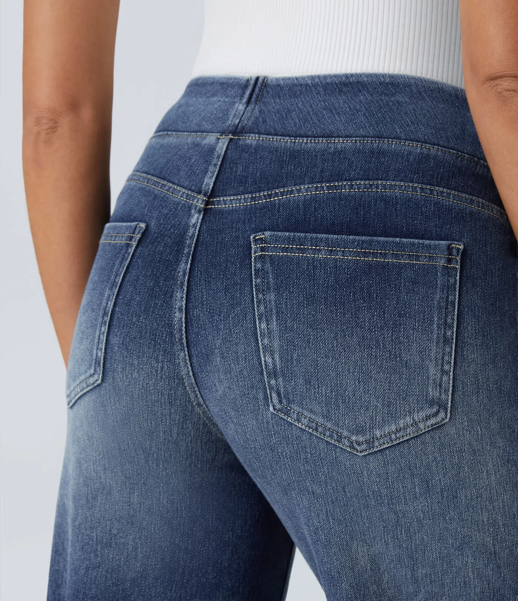 💝Last day promotion⚡High Waisted Multiple Pockets Baggy Wide Leg Washed Stretchy Knit Casual Jeans