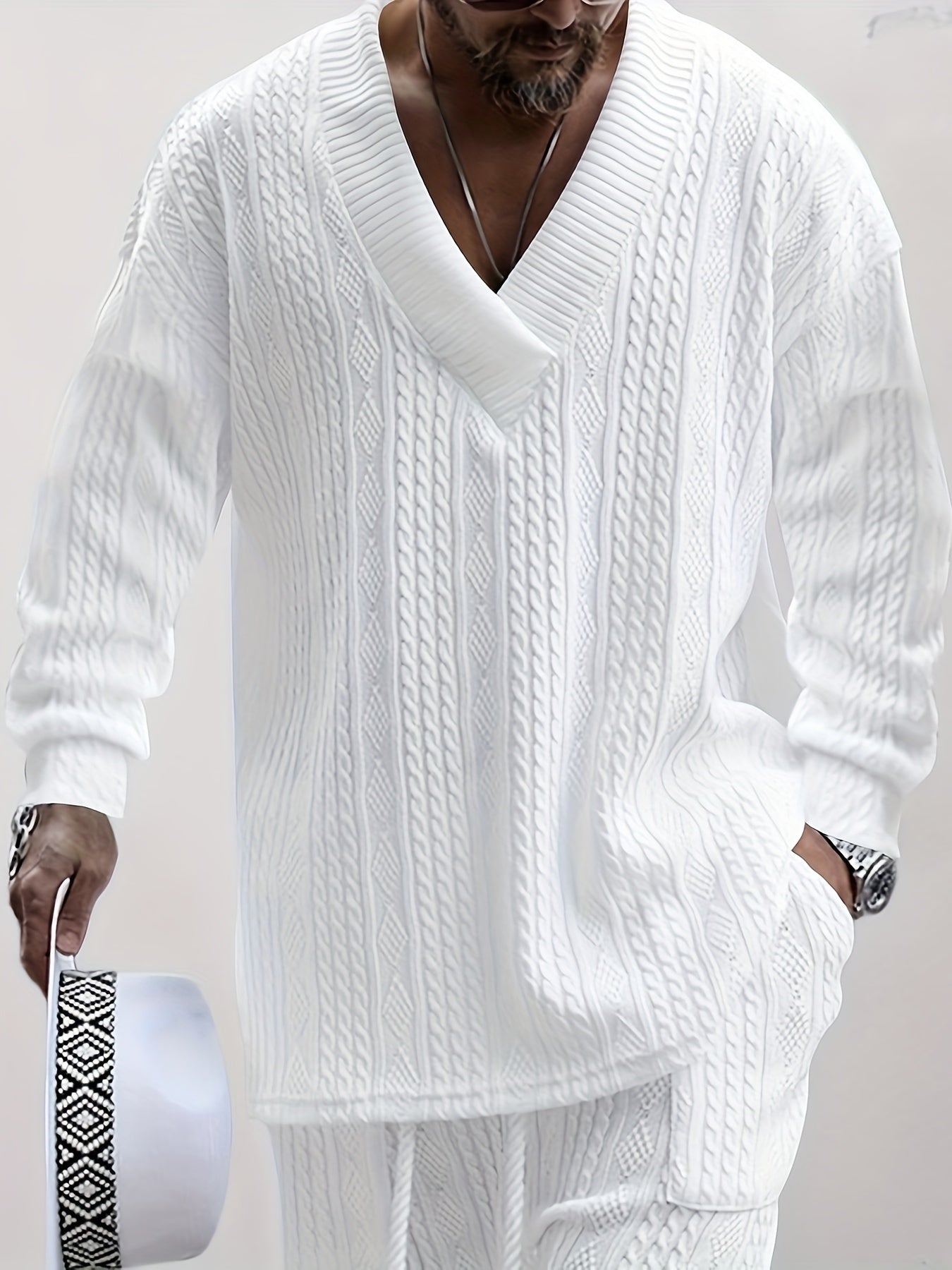 Mens V Neck Sweatshirt Jacquard Tracksuit 2 Piece Men Baggy Sweatsuit Sets Men's Jogging Tracksuit Set Outfit for Men