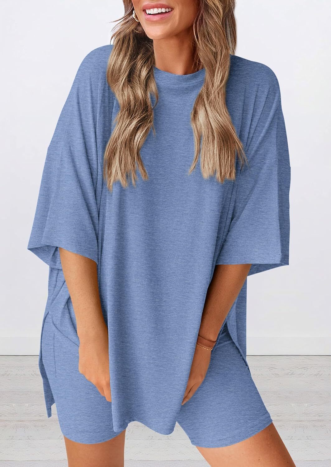 Women's Two Piece Lounge Set Casual Oversized Crewneck Tops and High Waisted Shorts Set