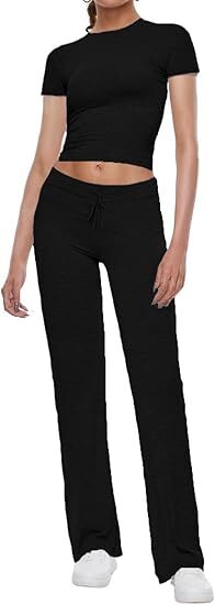 Women's 2 Piece Lounge Sets Fold-over Flare Pants Set Long Sleeve Crop