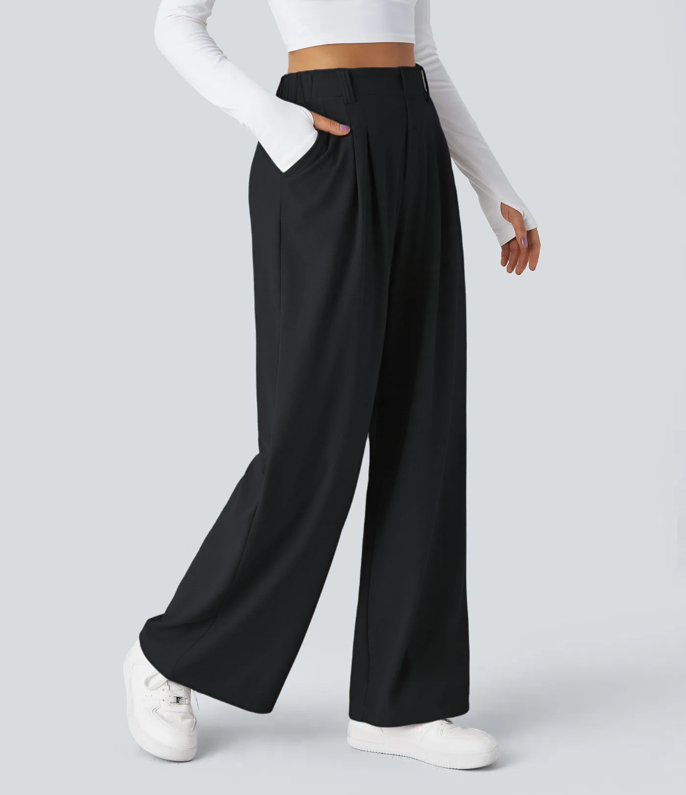 High Waisted Side Pocket Wide Leg Waffle Work Pants