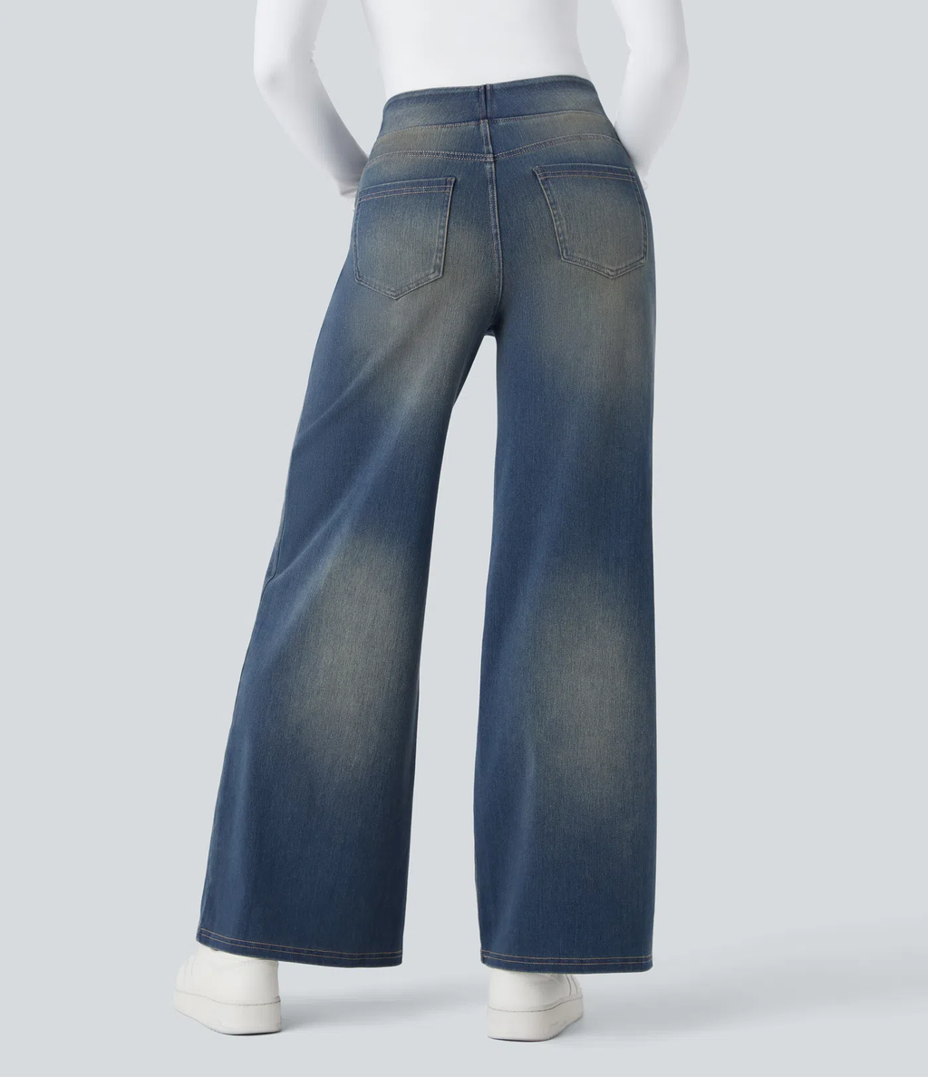 💝Last day promotion⚡High Waisted Multiple Pockets Baggy Wide Leg Washed Stretchy Knit Casual Jeans