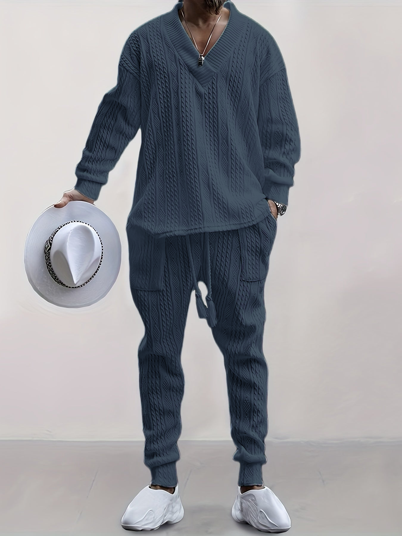 Mens V Neck Sweatshirt Jacquard Tracksuit 2 Piece Men Baggy Sweatsuit Sets Men's Jogging Tracksuit Set Outfit for Men
