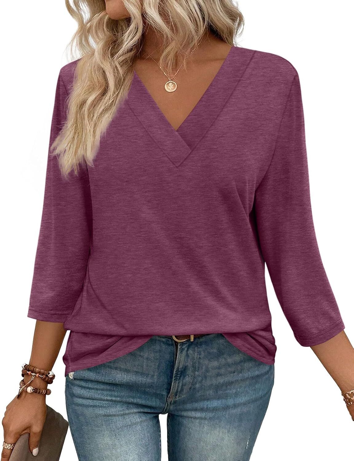 3/4 Length Sleeve Womens Tops V Neck Casual Tunic Tops Basic Shirts Loose Fit Blouse