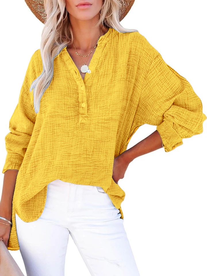Womens Casual Button V Neck Long Sleeve Shirts Oversized Solid Blouses Tops