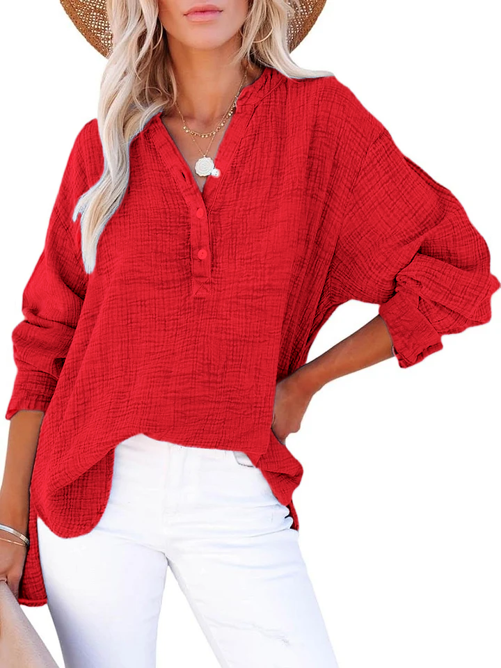 Womens Casual Button V Neck Long Sleeve Shirts Oversized Solid Blouses Tops