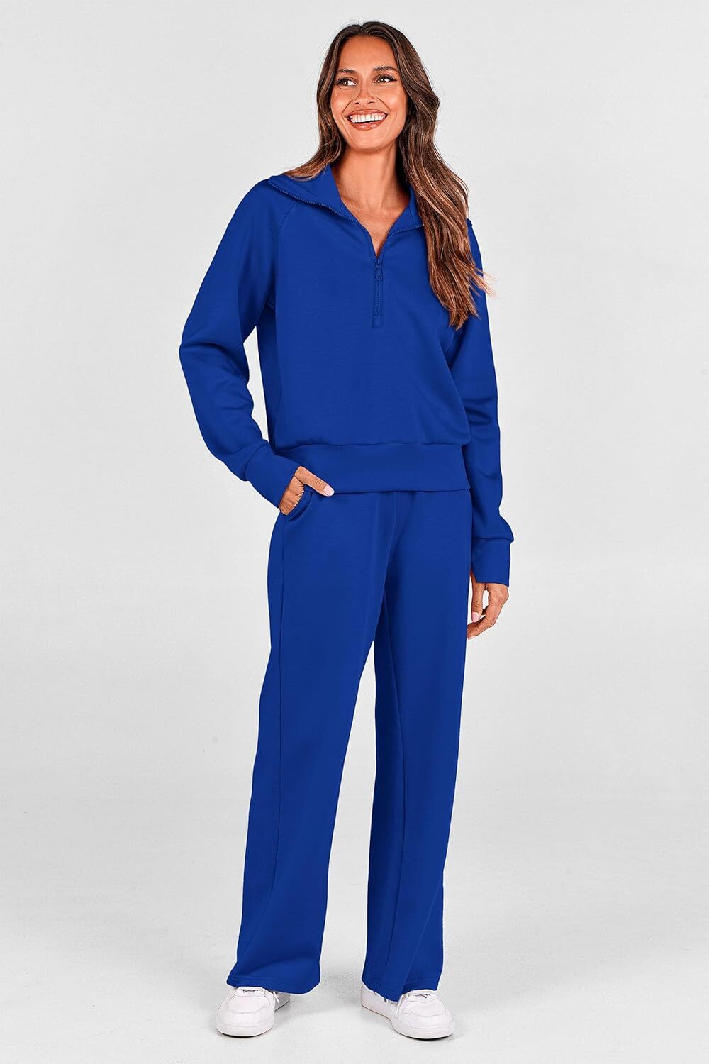 Women's 2 Piece Outfits Casual Lapel Half Zip Sweatshirts And Wide Leg Pants Tracksuit Sets