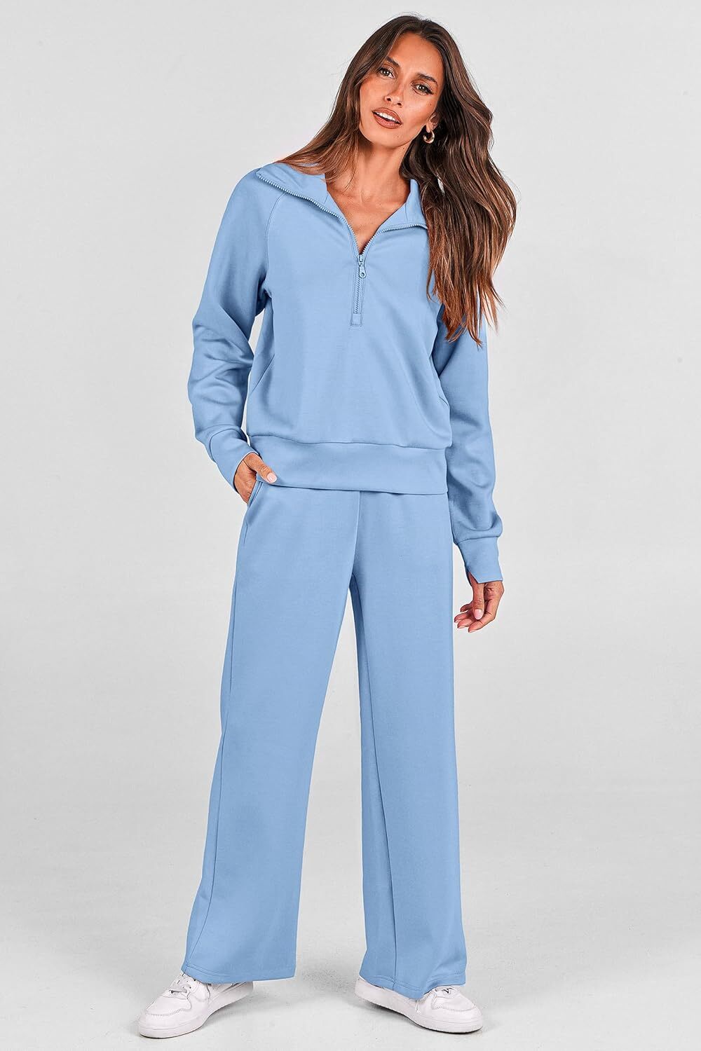 Women's 2 Piece Outfits Casual Lapel Half Zip Sweatshirts And Wide Leg Pants Tracksuit Sets