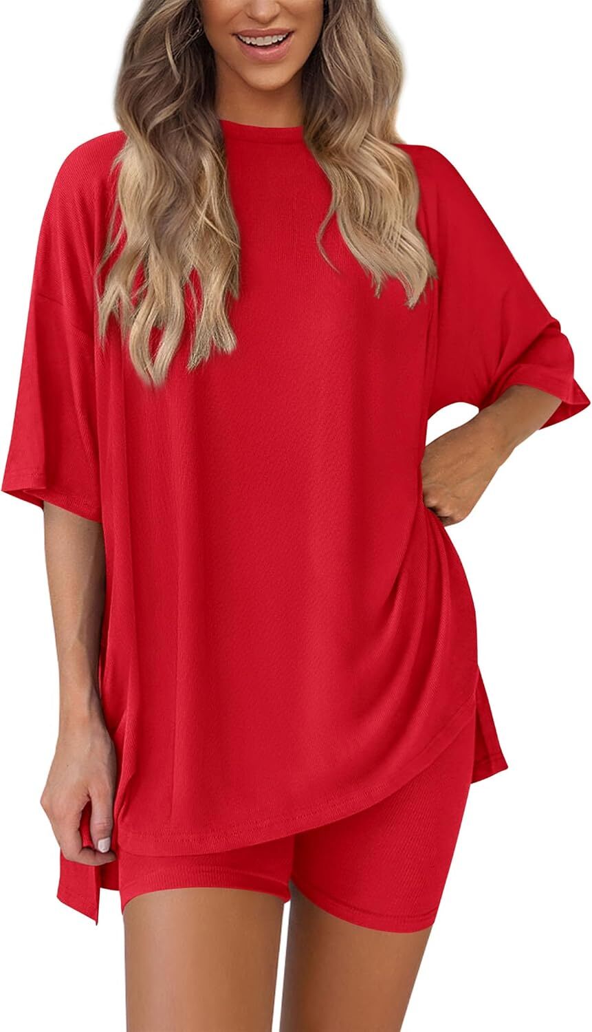 Women's Two Piece Lounge Set Casual Oversized Crewneck Tops and High Waisted Shorts Set