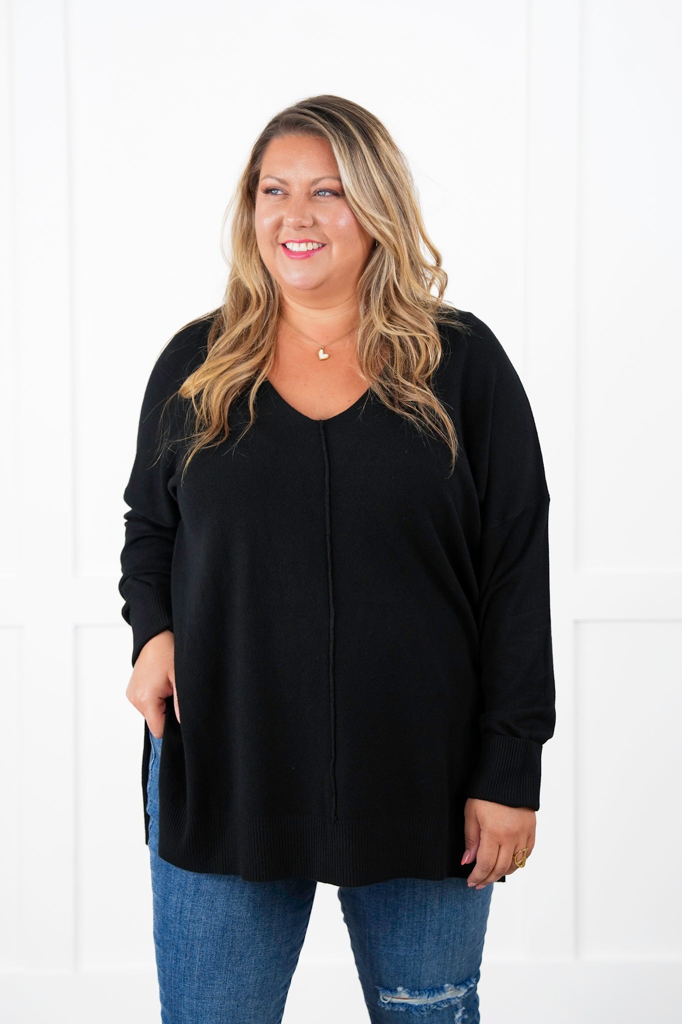 Hi-Low Hem V-Neck Center Seam Sweater (Multiple Colors)