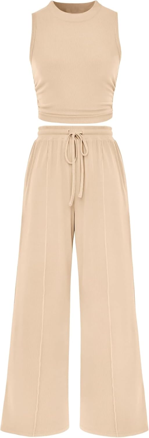 Women Summer 2 Piece Outfits Ribbed Knit Cropped Top Elastic Waist Wide Leg Pants Lounge Set