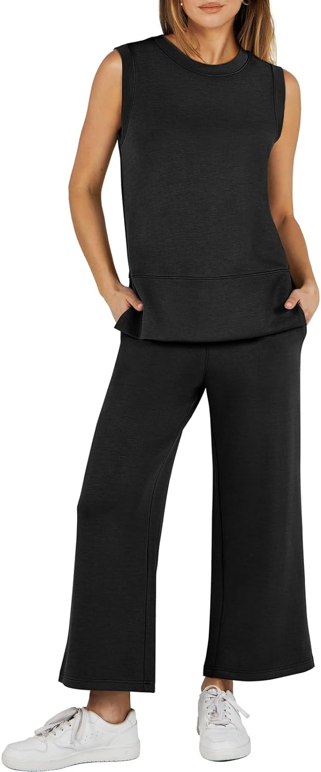 Women's 2 Piece Sets Summer Outfits Sleeveless Wide Leg Tracksuits Casual Sweat Sets Lounge Sweatsuits