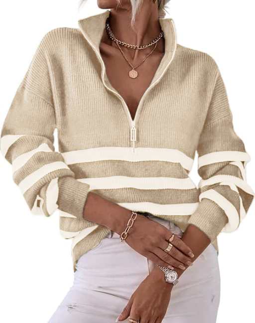 2025 Casual Long Sleeve Zipper Striped Pullover V Neck Ribbed Knitted Autumn and Winter Casual Pullover