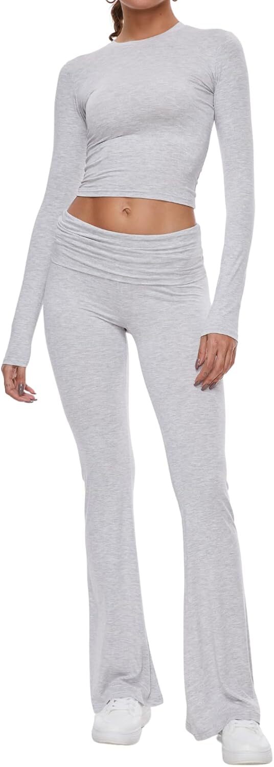 Women's 2 Piece Lounge Sets Fold-over Flare Pants Set Long Sleeve Crop