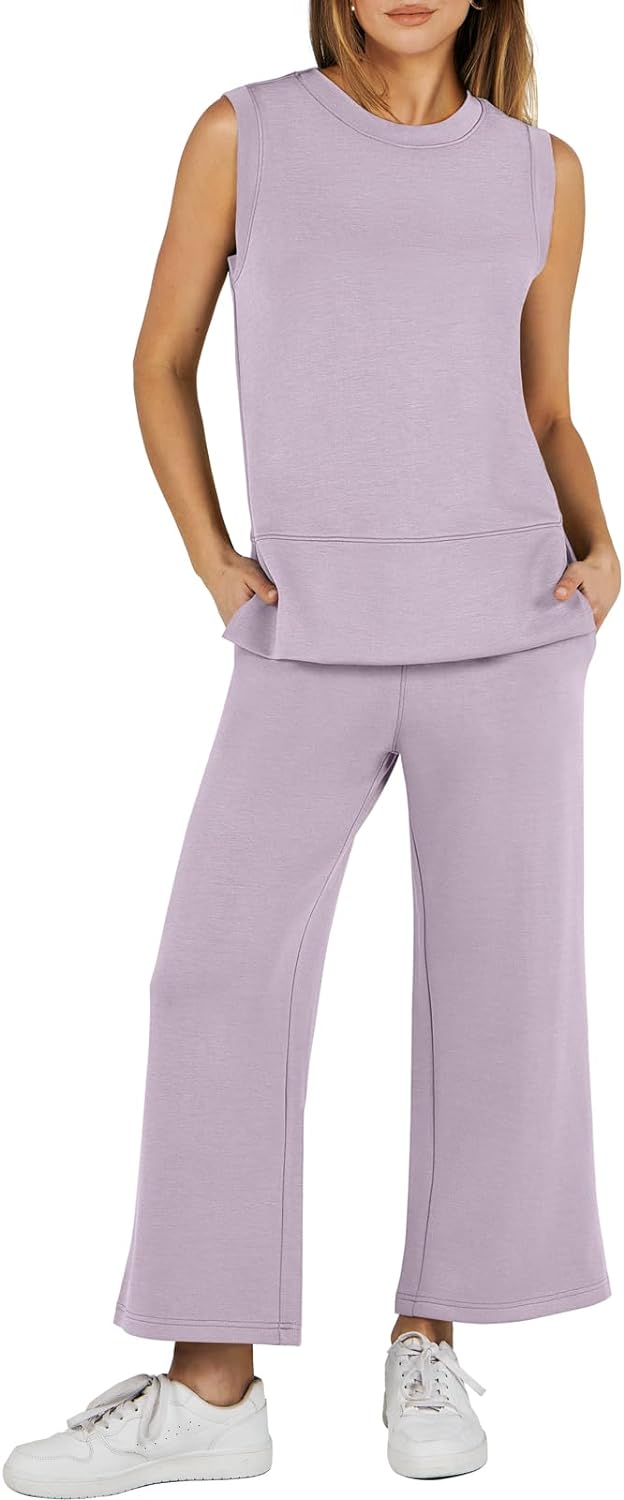 Women's 2 Piece Sets Summer Outfits Sleeveless Wide Leg Tracksuits Casual Sweat Sets Lounge Sweatsuits
