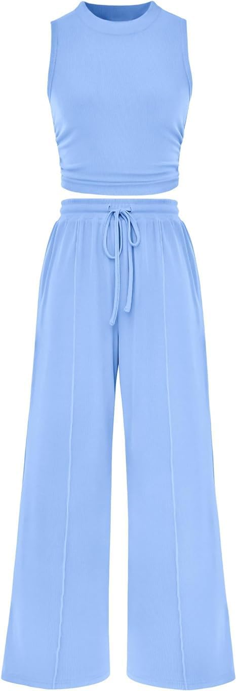 Women Summer 2 Piece Outfits Ribbed Knit Cropped Top Elastic Waist Wide Leg Pants Lounge Set