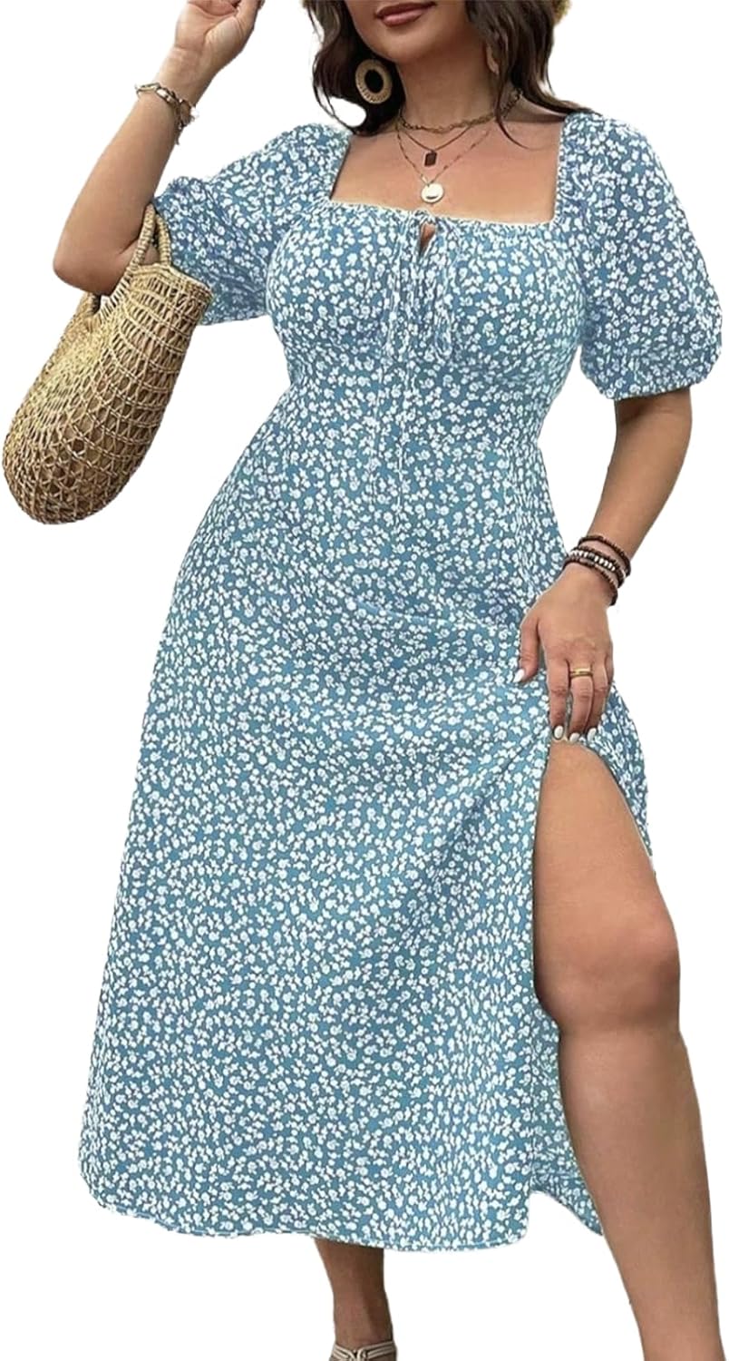 Women Plus Size Dress Puff Sleeve Floral Split A Line Maxi Dress Boho Tie Front Casual Beach Long Dresses