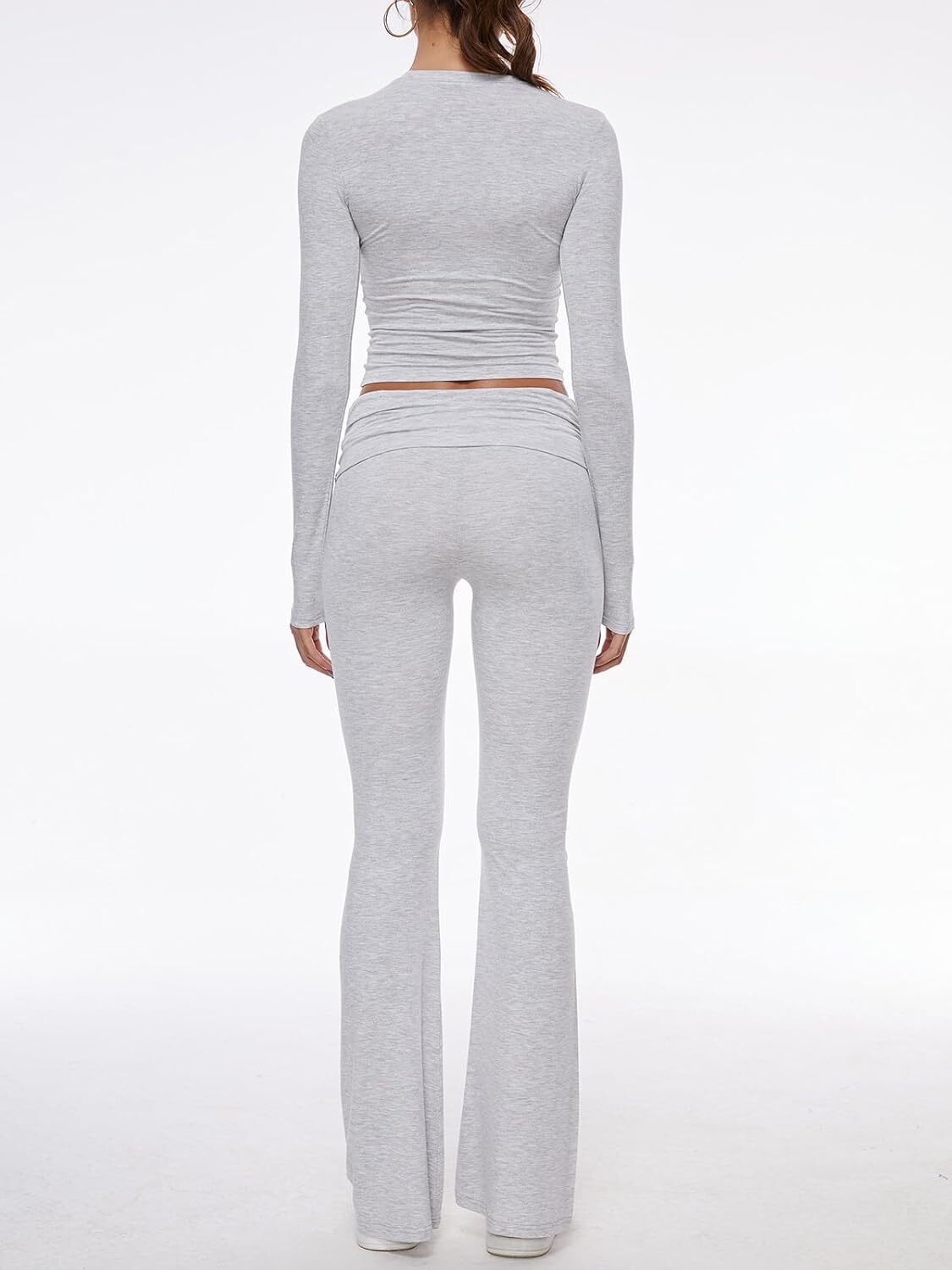 Women's 2 Piece Lounge Sets Fold-over Flare Pants Set Long Sleeve Crop