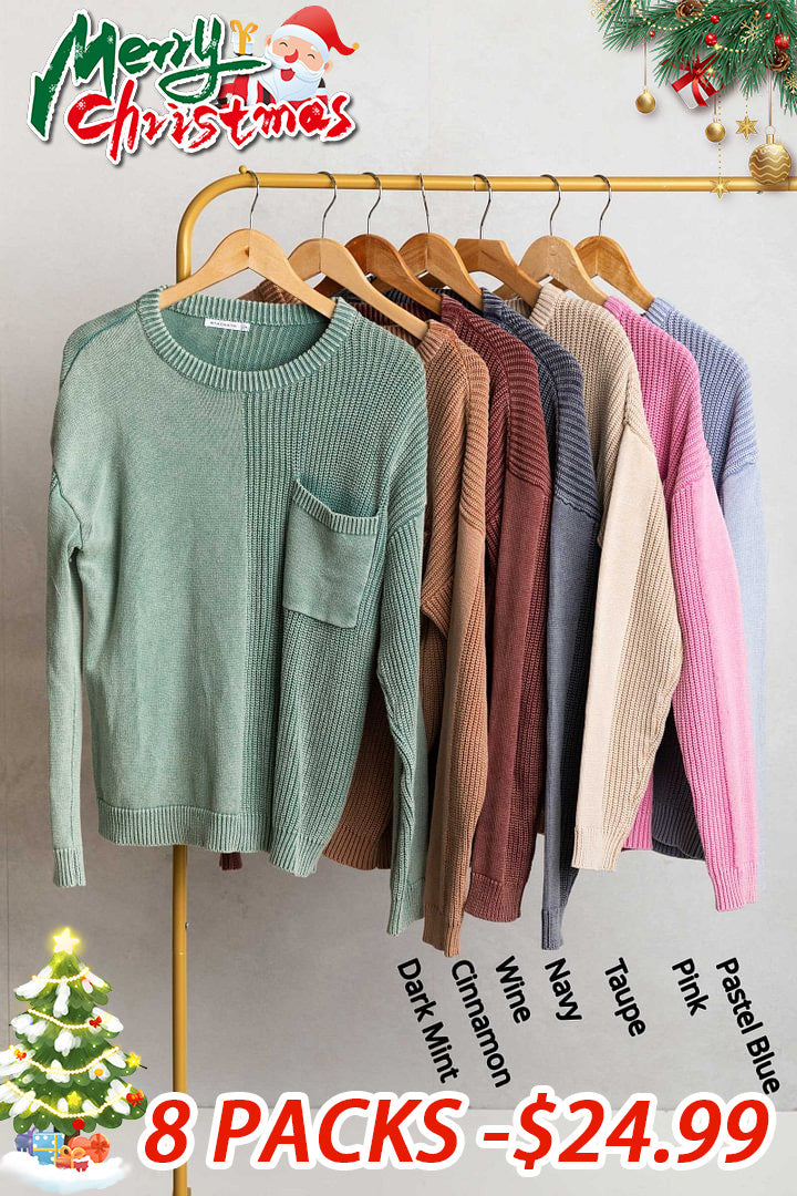 Washed Waffle Knit Sweater With Pocket