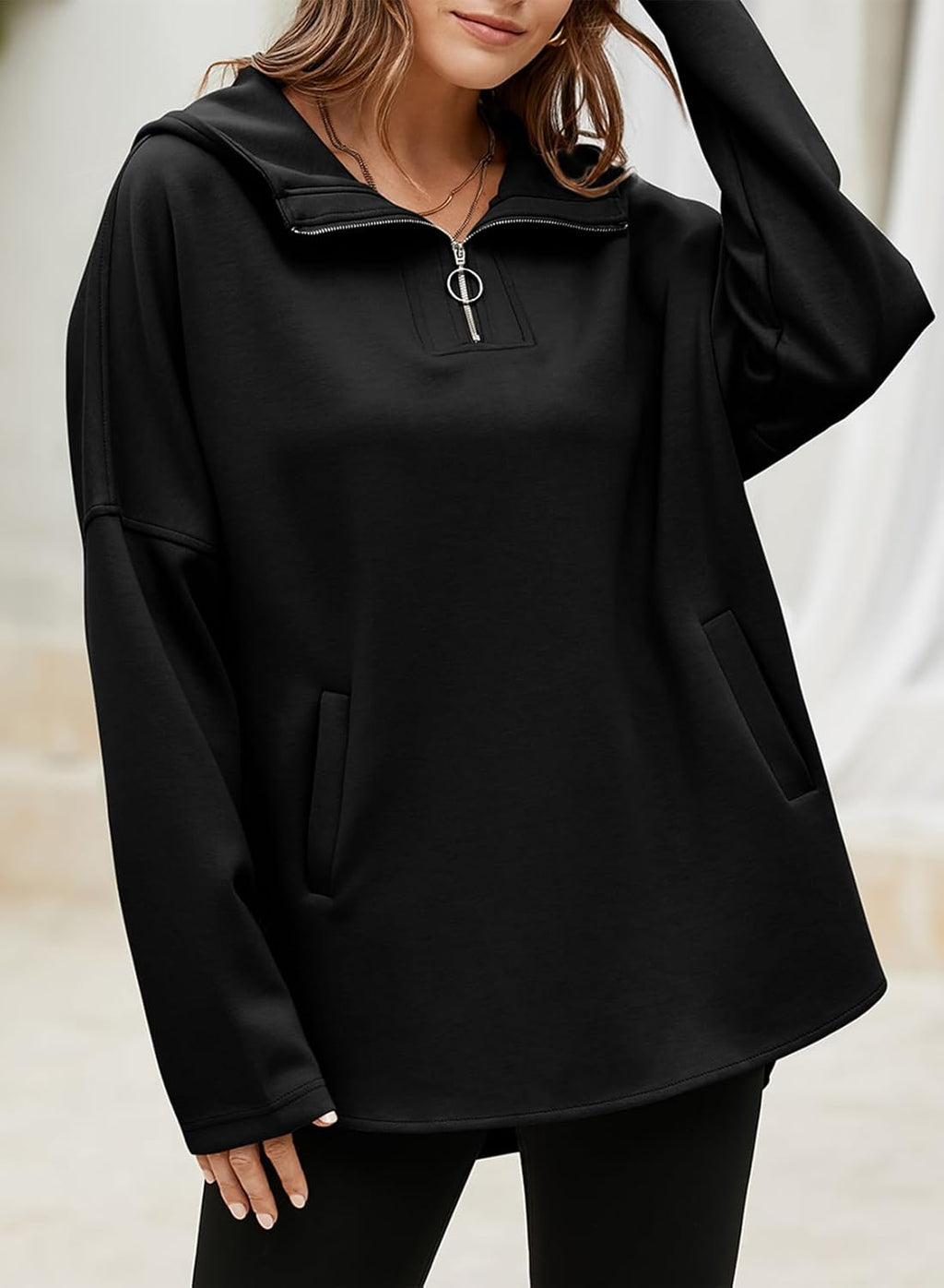 Women's Oversized Hoodies Casual Long Sleeve Half Zipper Pocket Sweatshirt Pullover Tops