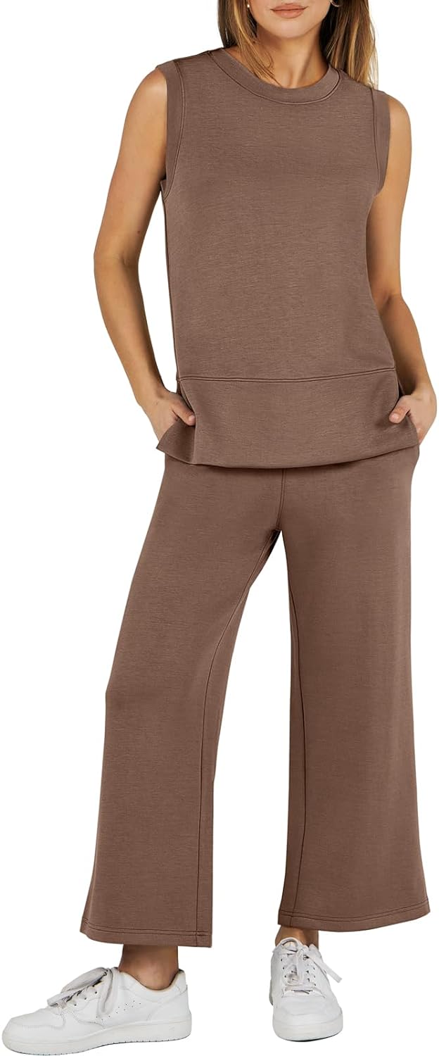 Women's 2 Piece Sets Summer Outfits Sleeveless Wide Leg Tracksuits Casual Sweat Sets Lounge Sweatsuits