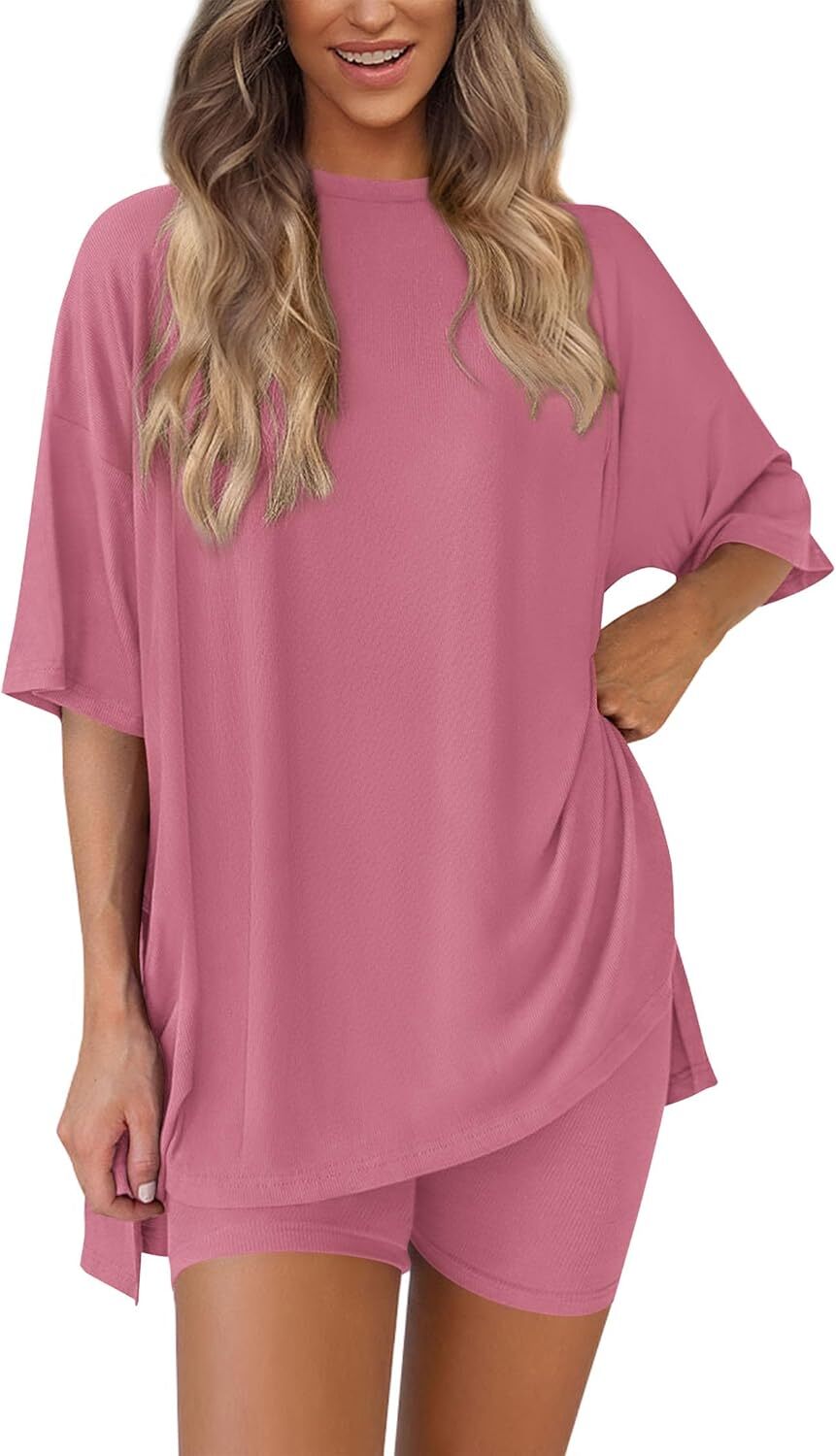 Women's Two Piece Lounge Set Casual Oversized Crewneck Tops and High Waisted Shorts Set