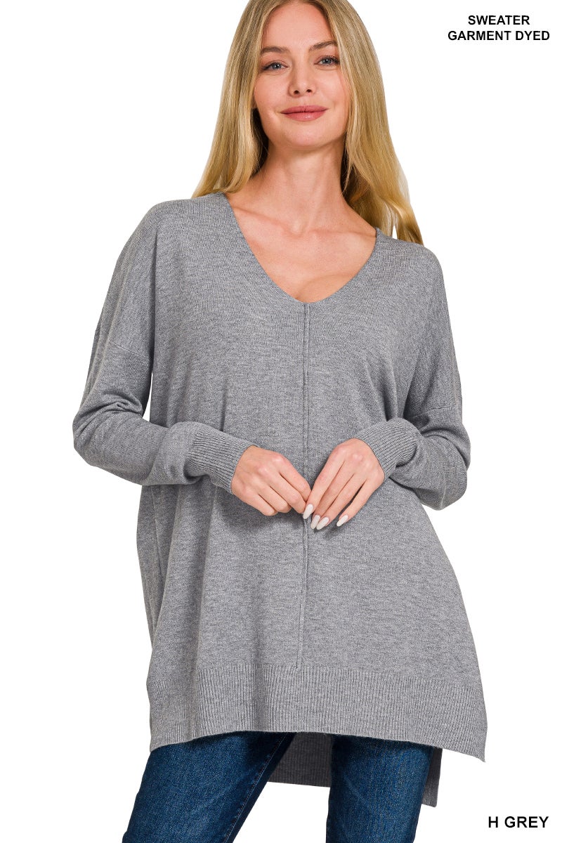 Hi-Low Hem V-Neck Center Seam Sweater (Multiple Colors)