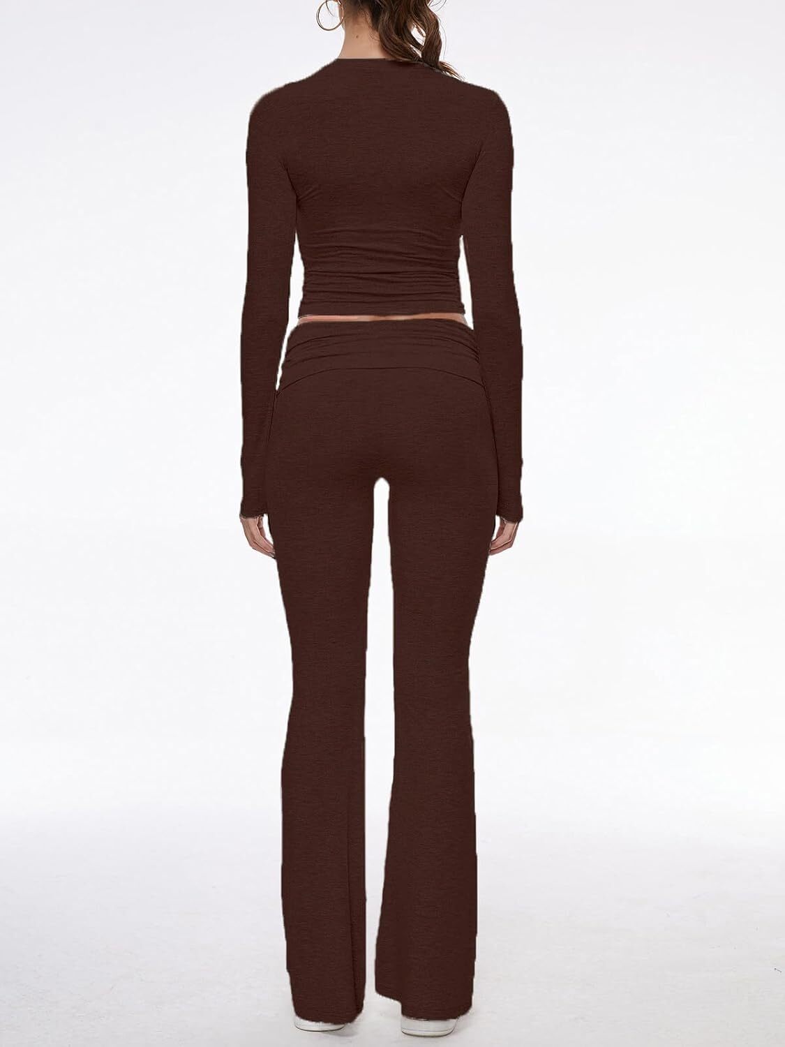 Women's 2 Piece Lounge Sets Fold-over Flare Pants Set Long Sleeve Crop