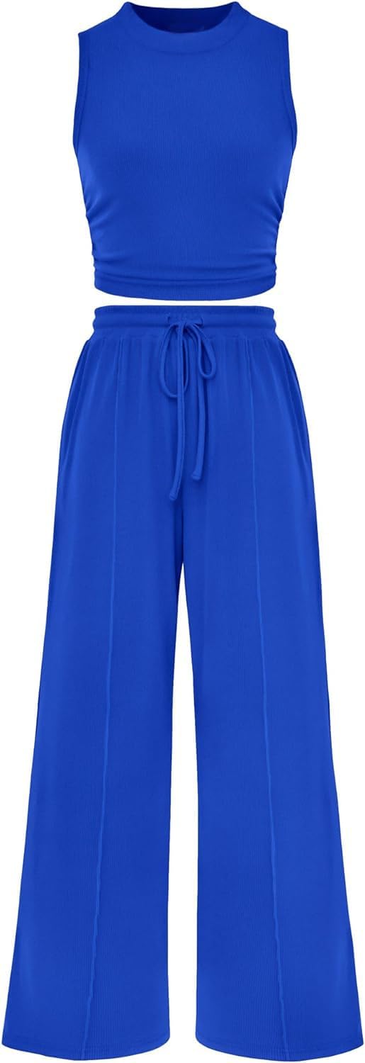 Women Summer 2 Piece Outfits Ribbed Knit Cropped Top Elastic Waist Wide Leg Pants Lounge Set